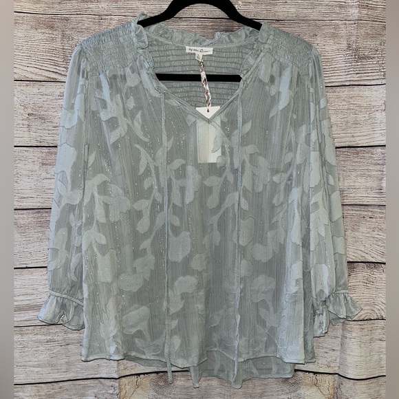 By The River Tops - NWT By The River Sheer Floral Blouse - Light Gray/Soft Green Size Size Large